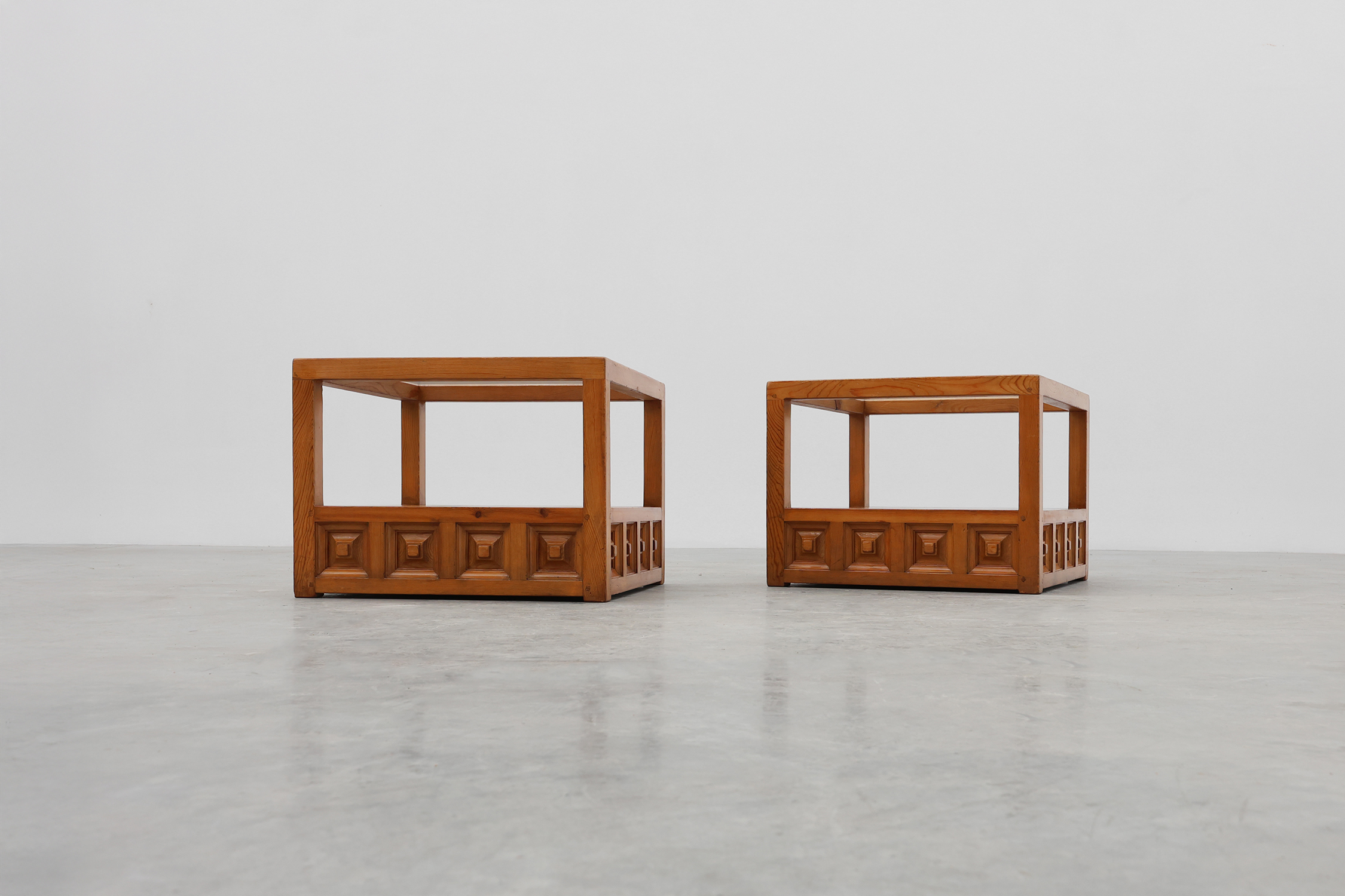 Pair geographical designed square Biosca coffee tables in pine wood, Spain 1960sthumbnail